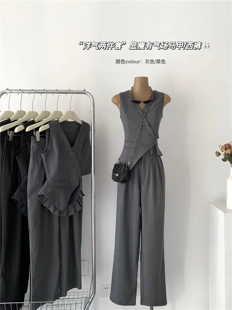 Women Vintage Aesthetic Office Lady Old Money Outfits 2 Piece Set Single-breasted Irregular Vest +  Solid Baggy Wide Leg Pants