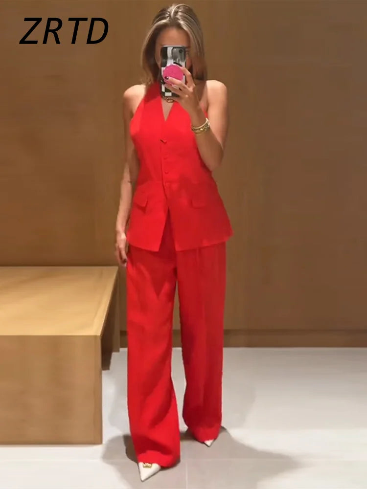 Elegant Halter Vest Pants Sets Women Slim Single Breasted Backless Sleeveless Pleated Wide Leg Pant 2025 Summer Lady Office Suit