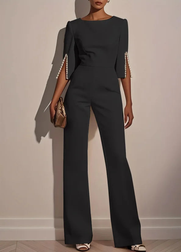 Spring And Summer Solid Color Nail Bead Decoration Slim Fitting Jumpsuit Elegant Womens Seven Quarter Sleeve Round Neck Jumpsuit