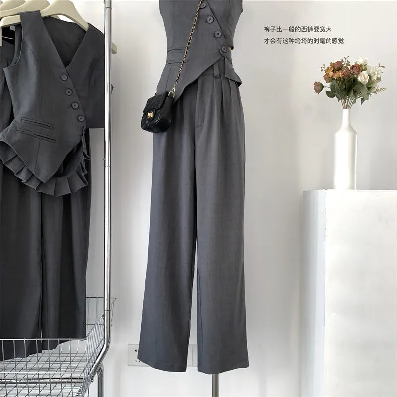 Women Vintage Aesthetic Office Lady Old Money Outfits 2 Piece Set Single-breasted Irregular Vest +  Solid Baggy Wide Leg Pants