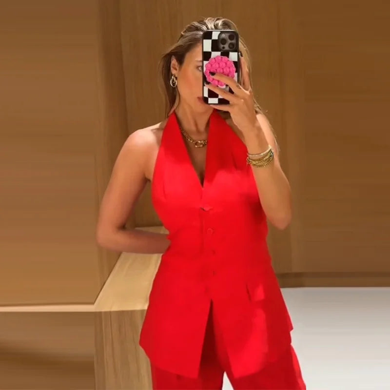 Elegant Halter Vest Pants Sets Women Slim Single Breasted Backless Sleeveless Pleated Wide Leg Pant 2025 Summer Lady Office Suit