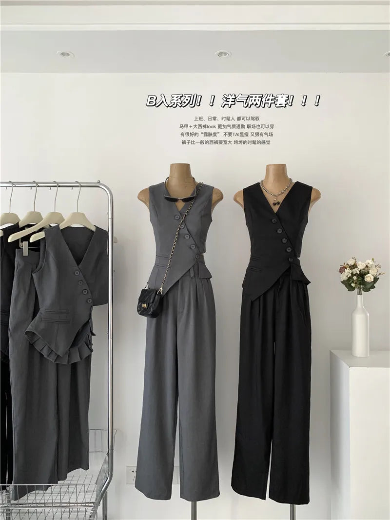 Women Vintage Aesthetic Office Lady Old Money Outfits 2 Piece Set Single-breasted Irregular Vest +  Solid Baggy Wide Leg Pants