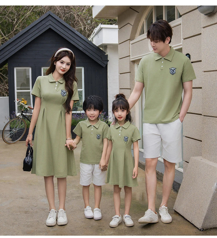Dad and Son Matching Clothes Polo Shirts Green Mom and Daughter Girls Short Sleeve Couples Dresses 2024 Summer Family Clothing