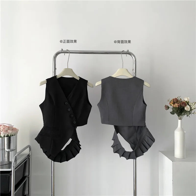 Women Vintage Aesthetic Office Lady Old Money Outfits 2 Piece Set Single-breasted Irregular Vest +  Solid Baggy Wide Leg Pants