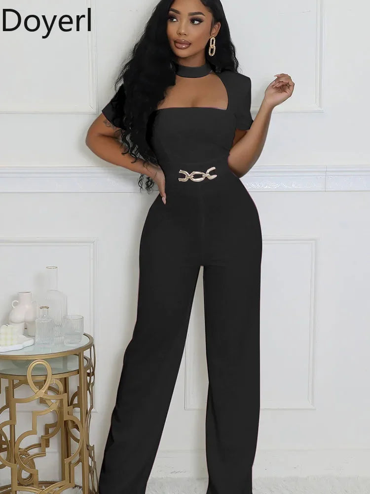 Doyerl Vintage Elegant Jumpsuits for Women Birthday Celebrity Club Party Square Collar Short Sleeve High Waist Wide Leg Rompers