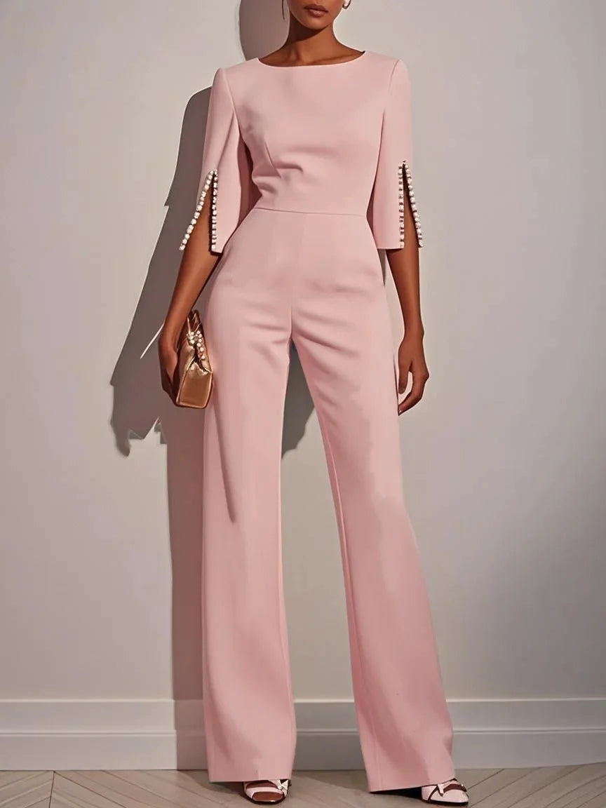Spring And Summer Solid Color Nail Bead Decoration Slim Fitting Jumpsuit Elegant Womens Seven Quarter Sleeve Round Neck Jumpsuit
