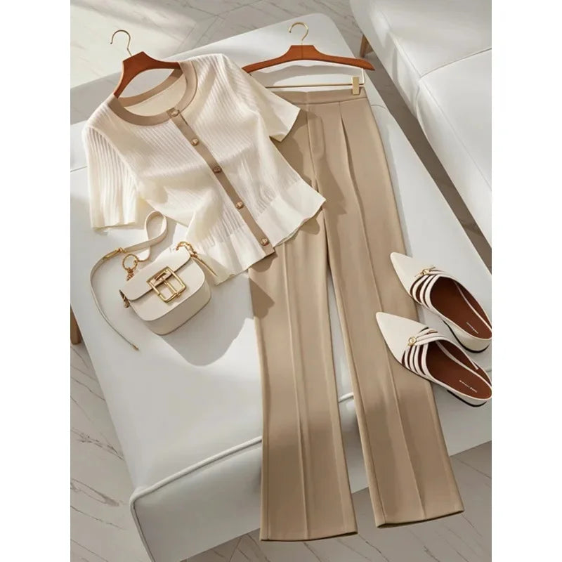 Stylish Slimming Tweed Suit Top And Pants 2-Piece Set Women's Fashionable Summer Outfit Unique Sensibility Design