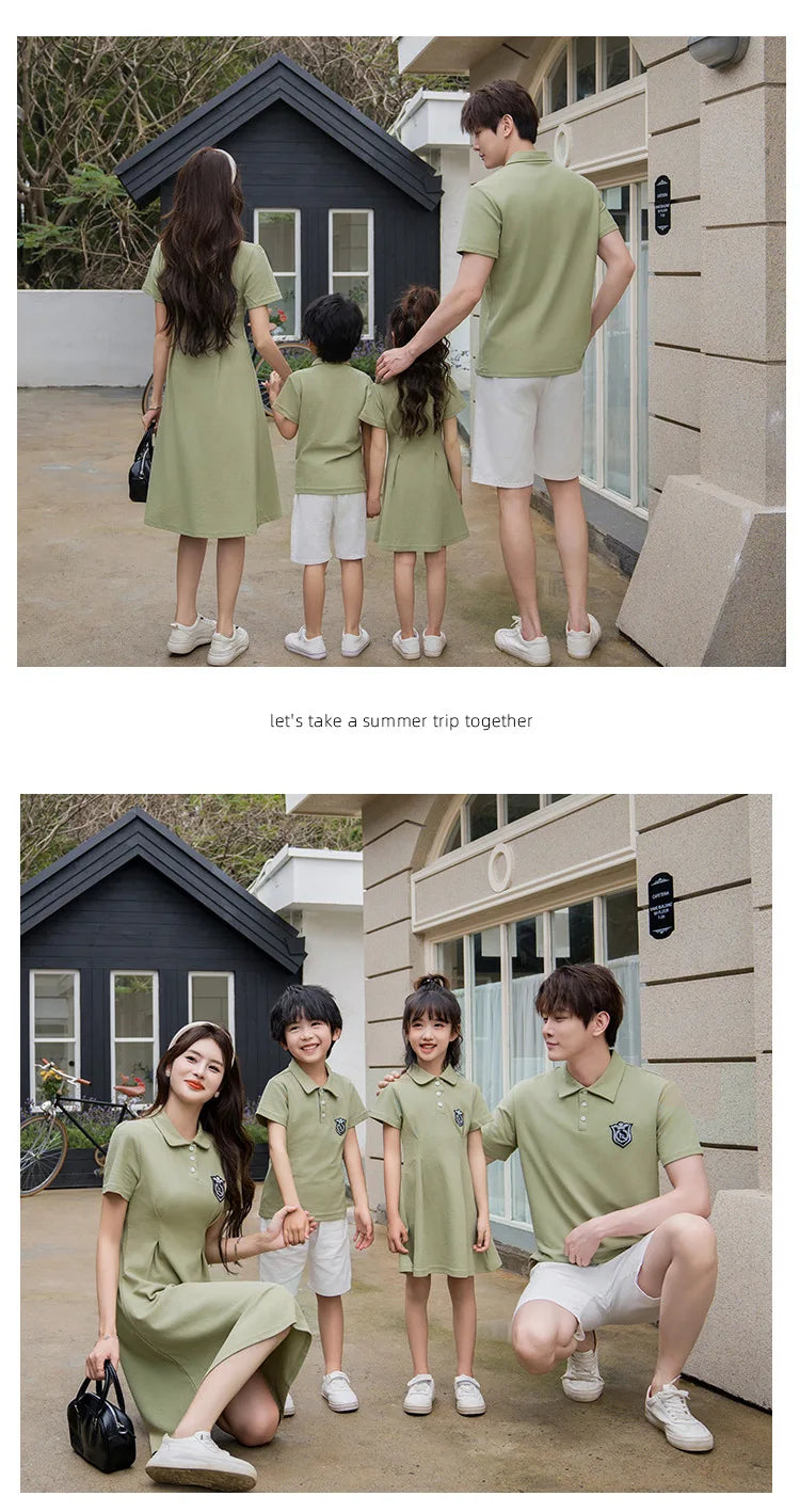 Dad and Son Matching Clothes Polo Shirts Green Mom and Daughter Girls Short Sleeve Couples Dresses 2024 Summer Family Clothing