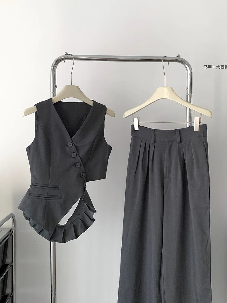Women Vintage Aesthetic Office Lady Old Money Outfits 2 Piece Set Single-breasted Irregular Vest +  Solid Baggy Wide Leg Pants
