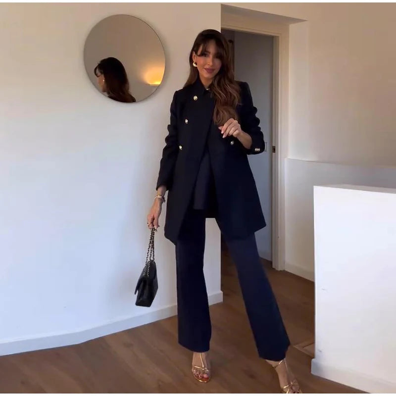 Knit Vest Pants Sets Women Elegant O-neck Slim Ruffles Tank Tops High Waist Flare Pant 2025 Chic All Season Office Lady Outfits