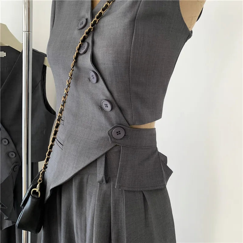 Women Vintage Aesthetic Office Lady Old Money Outfits 2 Piece Set Single-breasted Irregular Vest +  Solid Baggy Wide Leg Pants