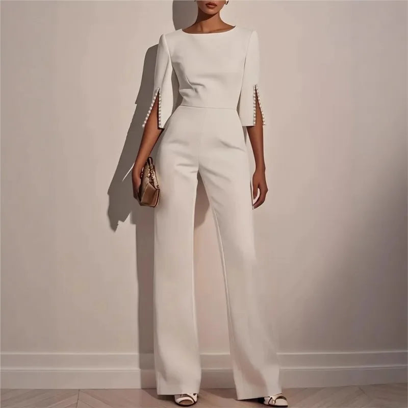 Spring And Summer Solid Color Nail Bead Decoration Slim Fitting Jumpsuit Elegant Womens Seven Quarter Sleeve Round Neck Jumpsuit