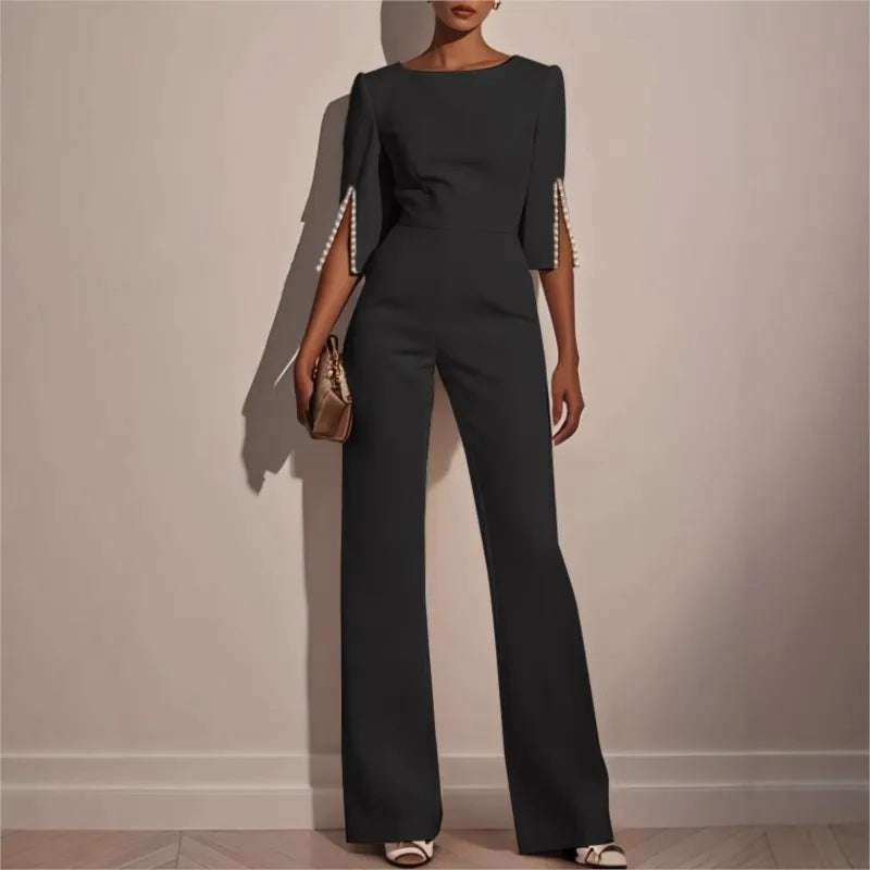 Spring And Summer Solid Color Nail Bead Decoration Slim Fitting Jumpsuit Elegant Womens Seven Quarter Sleeve Round Neck Jumpsuit