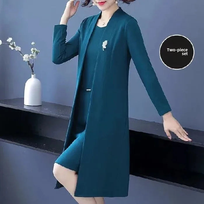 Spring Autumn Two-Piece Set Women's Mid-Aged Mommy Dress Elegant New Style Windbreaker Jacket Female Fashionable Outfit