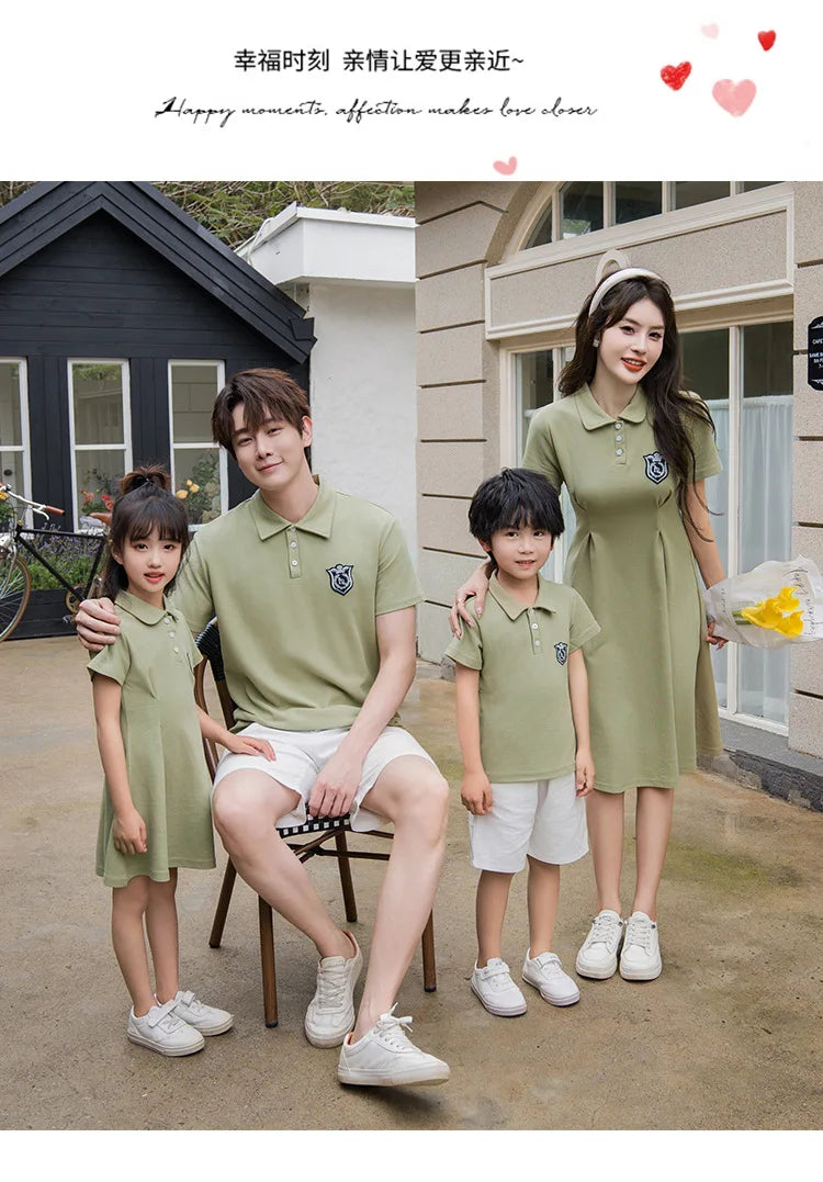 Dad and Son Matching Clothes Polo Shirts Green Mom and Daughter Girls Short Sleeve Couples Dresses 2024 Summer Family Clothing