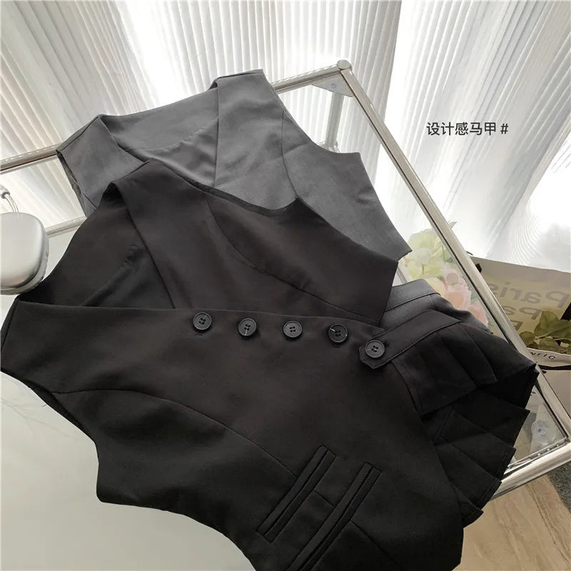 Women Vintage Aesthetic Office Lady Old Money Outfits 2 Piece Set Single-breasted Irregular Vest +  Solid Baggy Wide Leg Pants