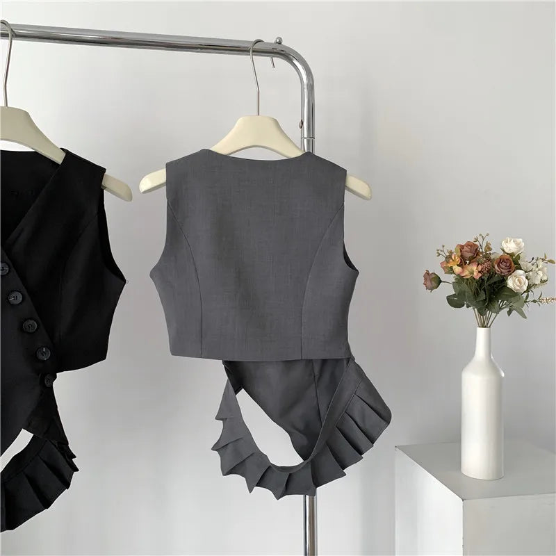 Women Vintage Aesthetic Office Lady Old Money Outfits 2 Piece Set Single-breasted Irregular Vest +  Solid Baggy Wide Leg Pants