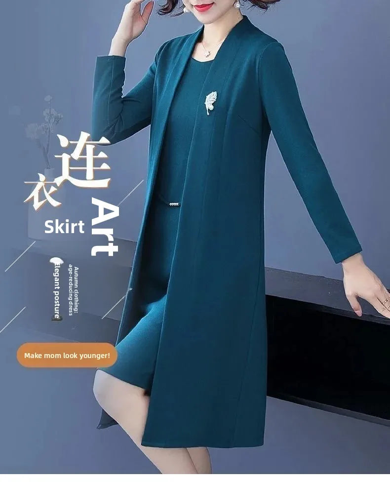 Spring Autumn Two-Piece Set Women's Mid-Aged Mommy Dress Elegant New Style Windbreaker Jacket Female Fashionable Outfit
