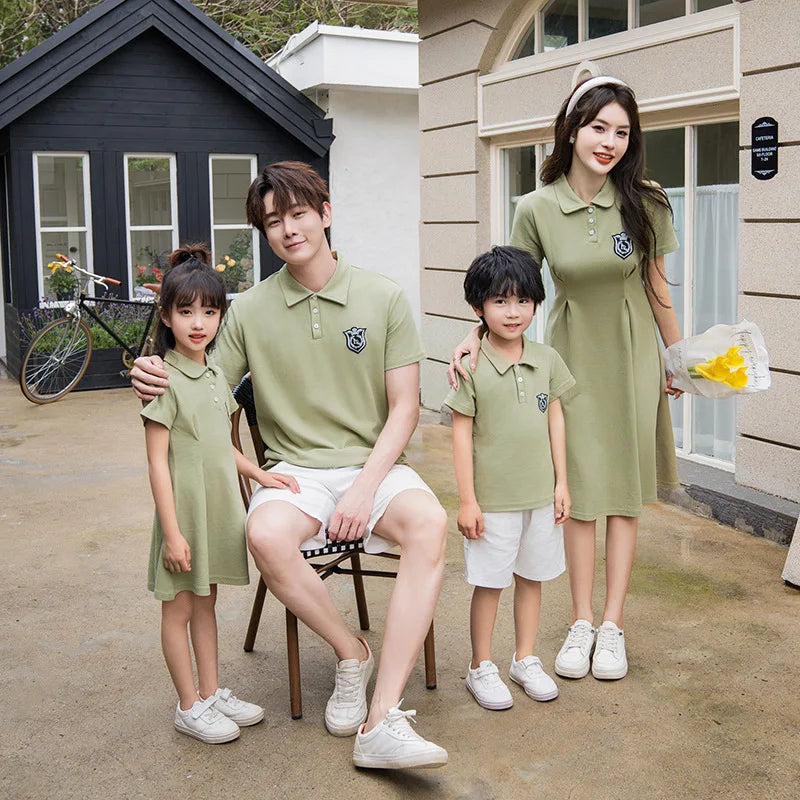 Dad and Son Matching Clothes Polo Shirts Green Mom and Daughter Girls Short Sleeve Couples Dresses 2024 Summer Family Clothing