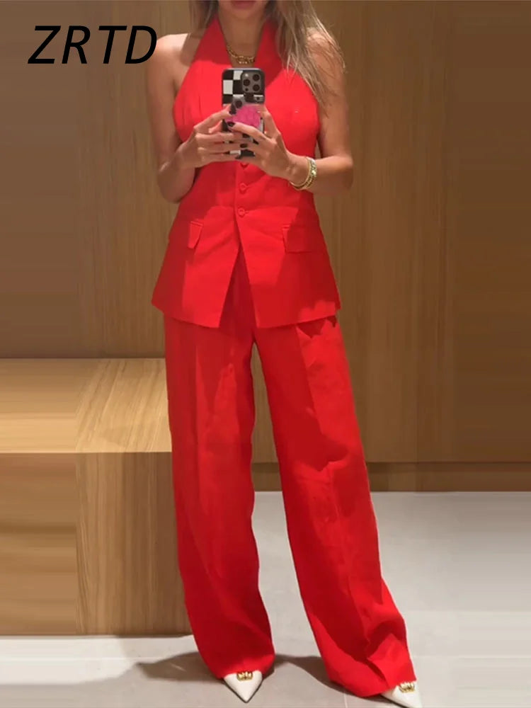 Elegant Halter Vest Pants Sets Women Slim Single Breasted Backless Sleeveless Pleated Wide Leg Pant 2025 Summer Lady Office Suit