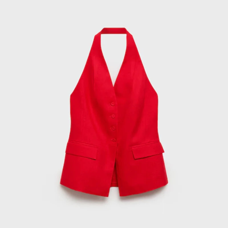 Elegant Halter Vest Pants Sets Women Slim Single Breasted Backless Sleeveless Pleated Wide Leg Pant 2025 Summer Lady Office Suit