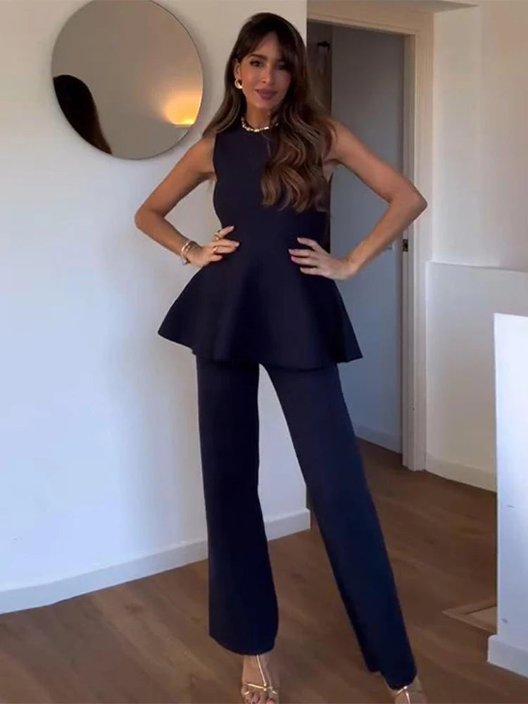 Knit Vest Pants Sets Women Elegant O-neck Slim Ruffles Tank Tops High Waist Flare Pant 2025 Chic All Season Office Lady Outfits