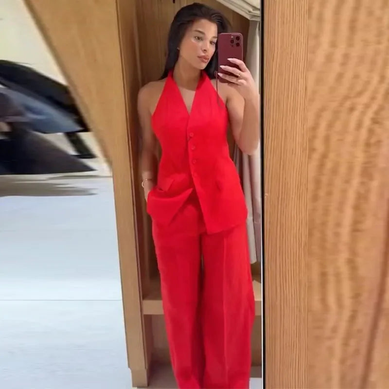 Elegant Halter Vest Pants Sets Women Slim Single Breasted Backless Sleeveless Pleated Wide Leg Pant 2025 Summer Lady Office Suit