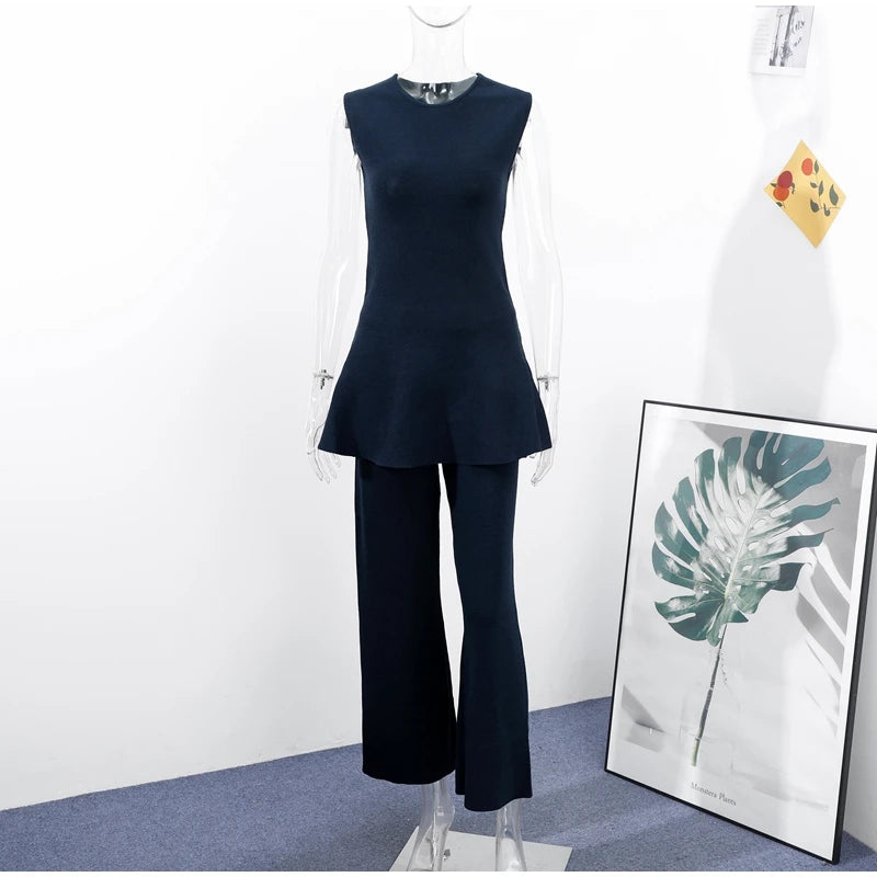 Knit Vest Pants Sets Women Elegant O-neck Slim Ruffles Tank Tops High Waist Flare Pant 2025 Chic All Season Office Lady Outfits