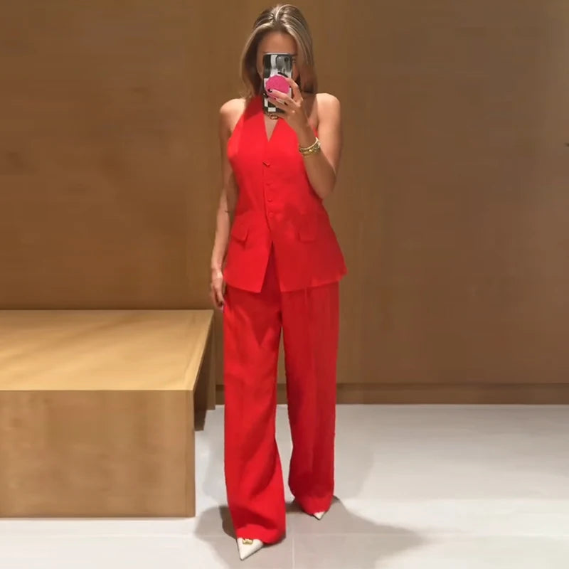 Elegant Halter Vest Pants Sets Women Slim Single Breasted Backless Sleeveless Pleated Wide Leg Pant 2025 Summer Lady Office Suit