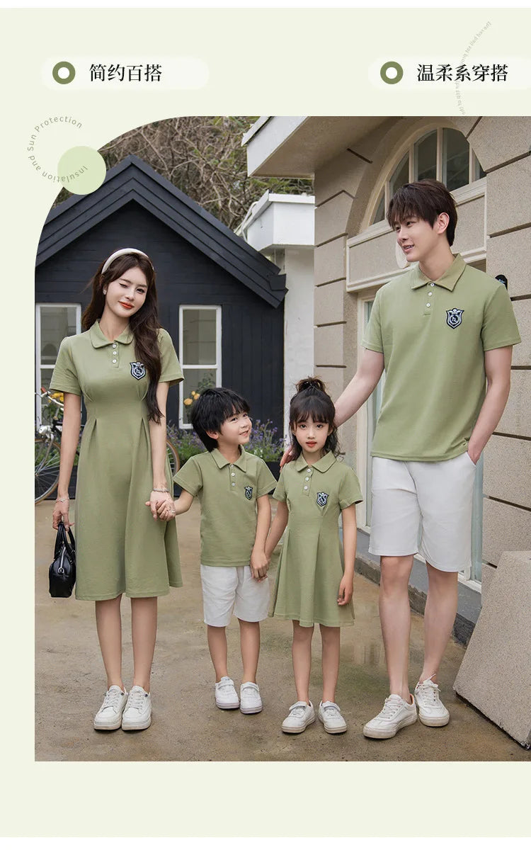 Dad and Son Matching Clothes Polo Shirts Green Mom and Daughter Girls Short Sleeve Couples Dresses 2024 Summer Family Clothing