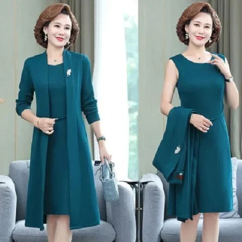 Spring Autumn Two-Piece Set Women's Mid-Aged Mommy Dress Elegant New Style Windbreaker Jacket Female Fashionable Outfit