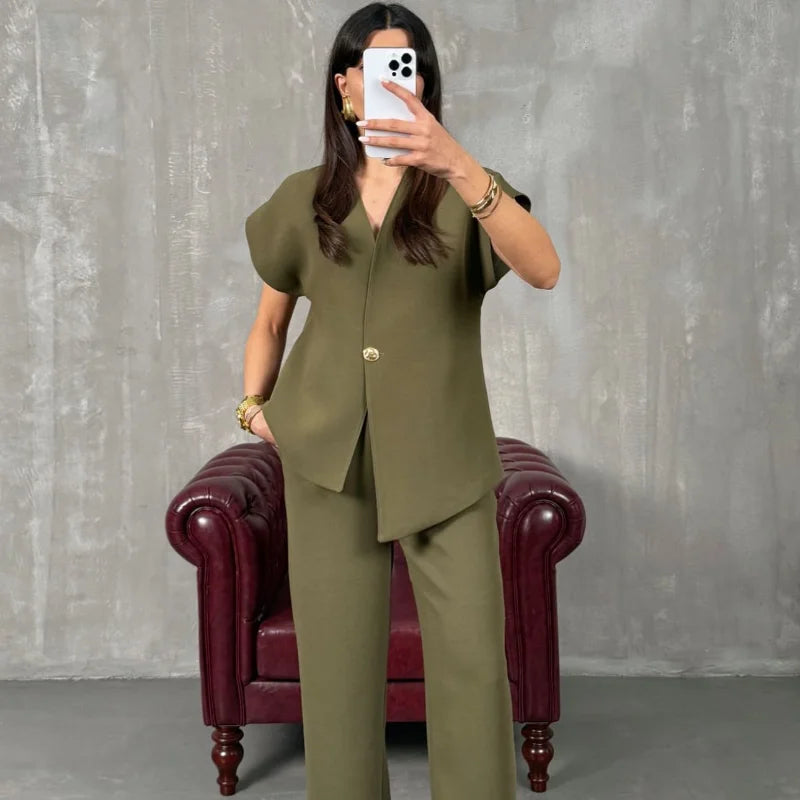 Casual 2 Piece Pants Sets Women Solid One Button Blazer Zippers High Waist Pleat Wide Trousers 2025 Spring Summer Lady Outfits