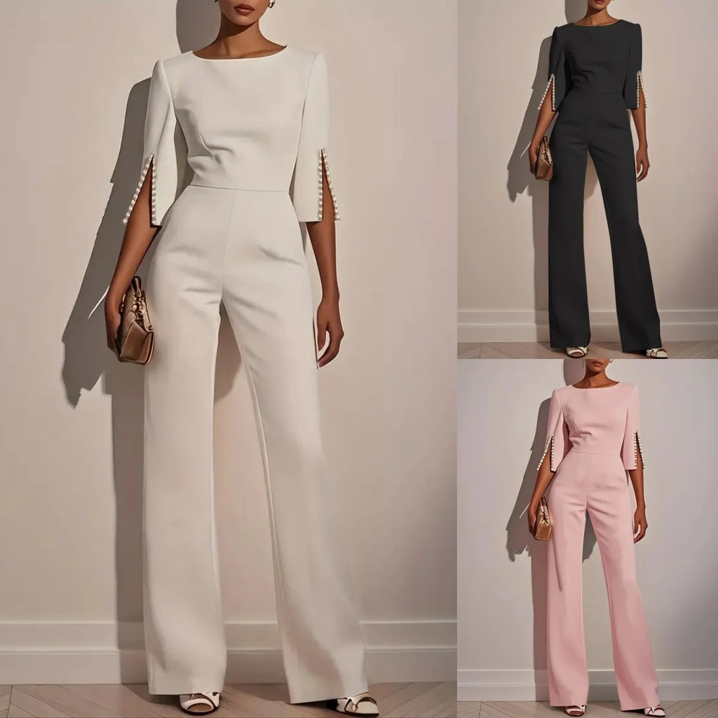 Spring And Summer Solid Color Nail Bead Decoration Slim Fitting Jumpsuit Elegant Womens Seven Quarter Sleeve Round Neck Jumpsuit