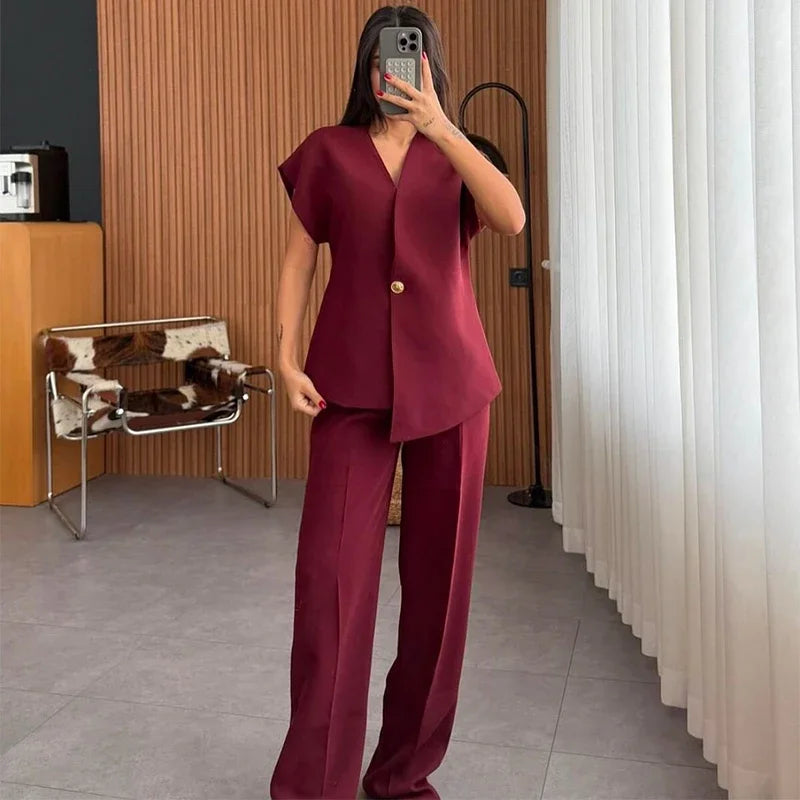 Casual 2 Piece Pants Sets Women Solid One Button Blazer Zippers High Waist Pleat Wide Trousers 2025 Spring Summer Lady Outfits