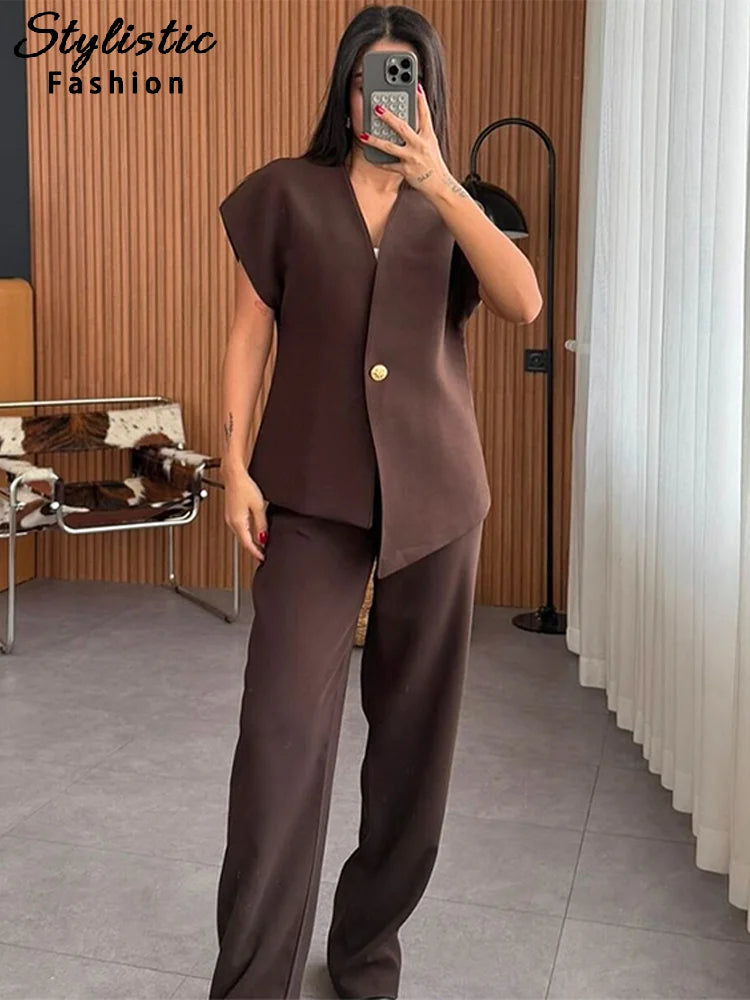 Casual 2 Piece Pants Sets Women Solid One Button Blazer Zippers High Waist Pleat Wide Trousers 2025 Spring Summer Lady Outfits