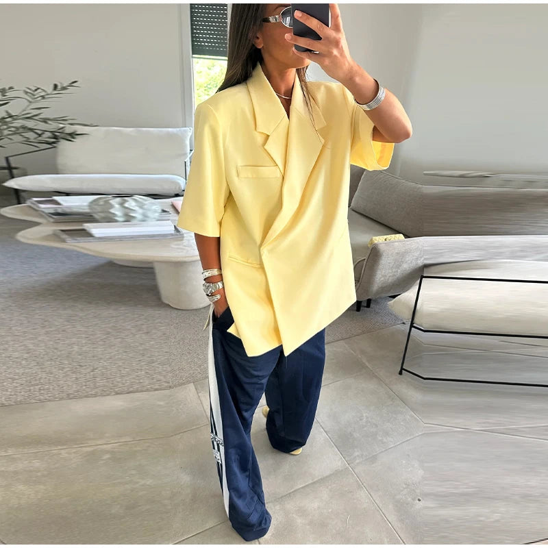 Chic Short Sleeves Suit Female Lapel Single Button Loose Blazer Coats Casual Versatile Women's Coat Spring Summer New Jackets