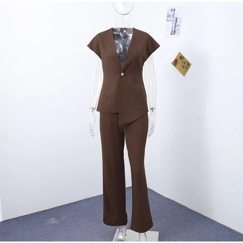 Casual 2 Piece Pants Sets Women Solid One Button Blazer Zippers High Waist Pleat Wide Trousers 2025 Spring Summer Lady Outfits