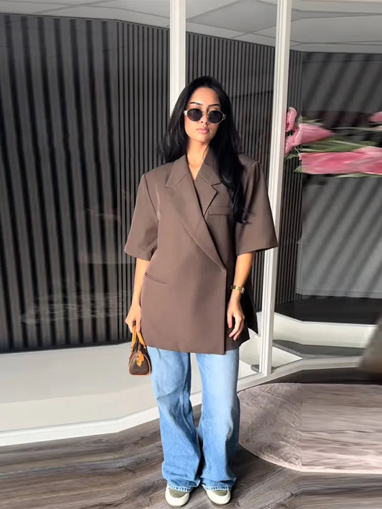 Chic Short Sleeves Suit Female Lapel Single Button Loose Blazer Coats Casual Versatile Women's Coat Spring Summer New Jackets