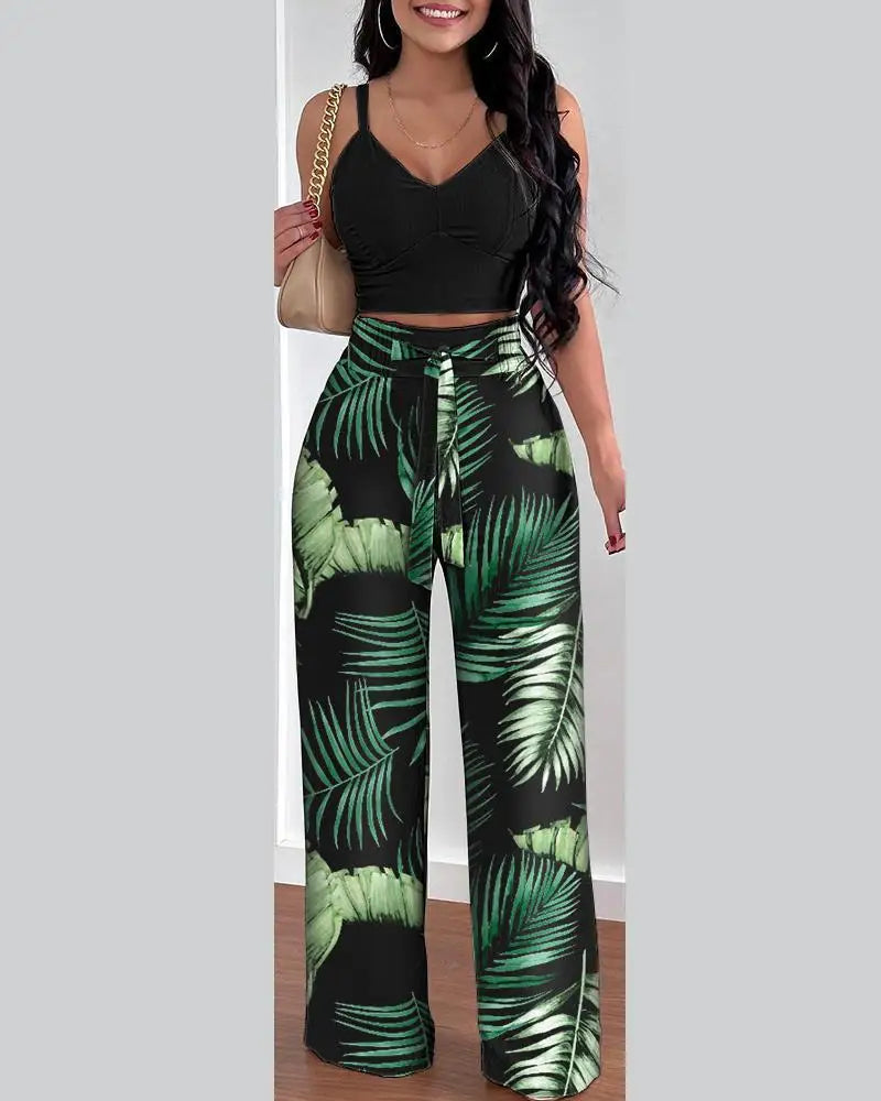 2 Piece Outfits For Women 2025 Sexy V-Neck Strap Shirred Slim Crop Top & Lace-up Wide Leg Pants Sets Elegant Office Lady Suit